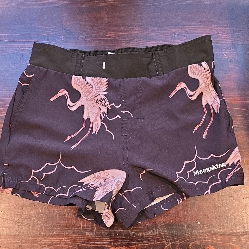Meegsking Black and Pink Crane Print Shorts